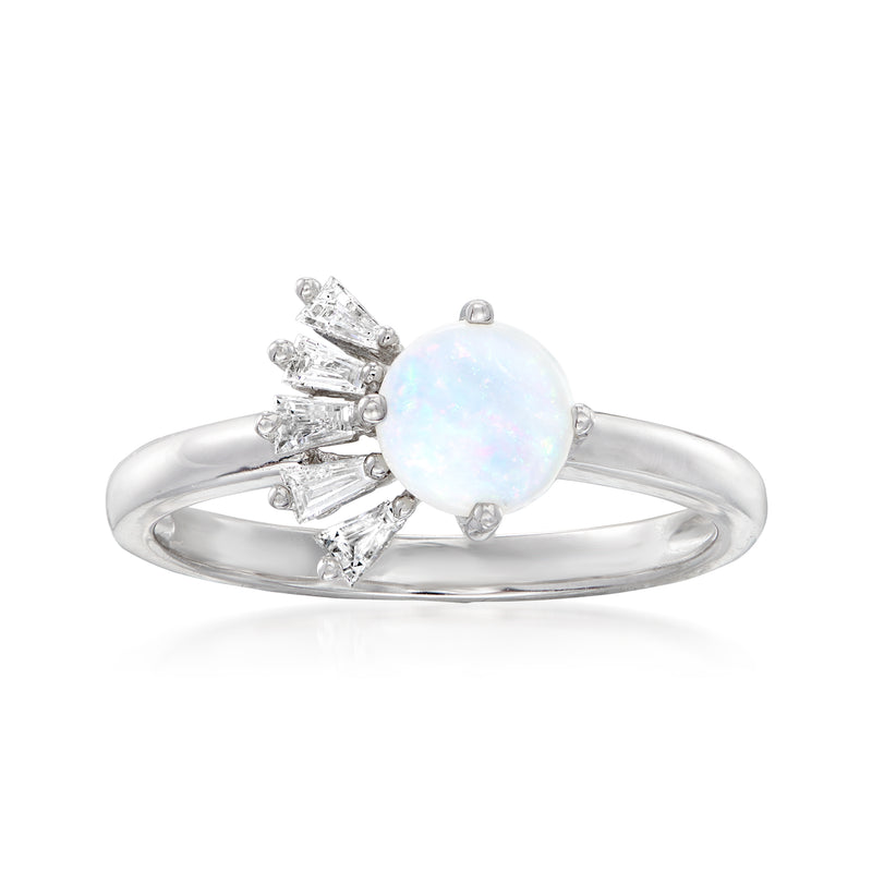 Round opal center with diamond accents in 14kt white gold ring