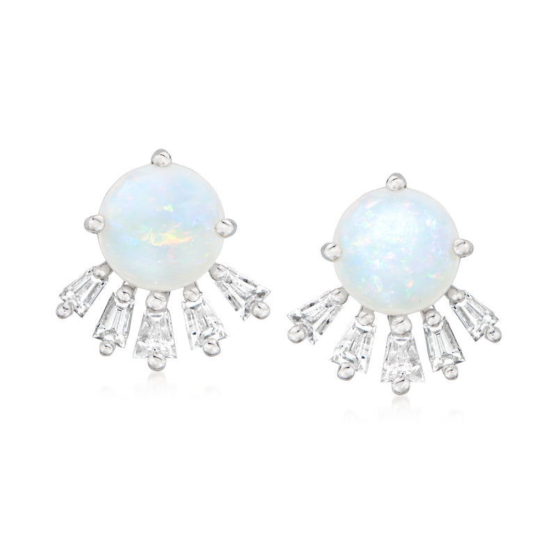 Round opal cabochon stud earrings in 14kt white gold with radiant baguette diamonds