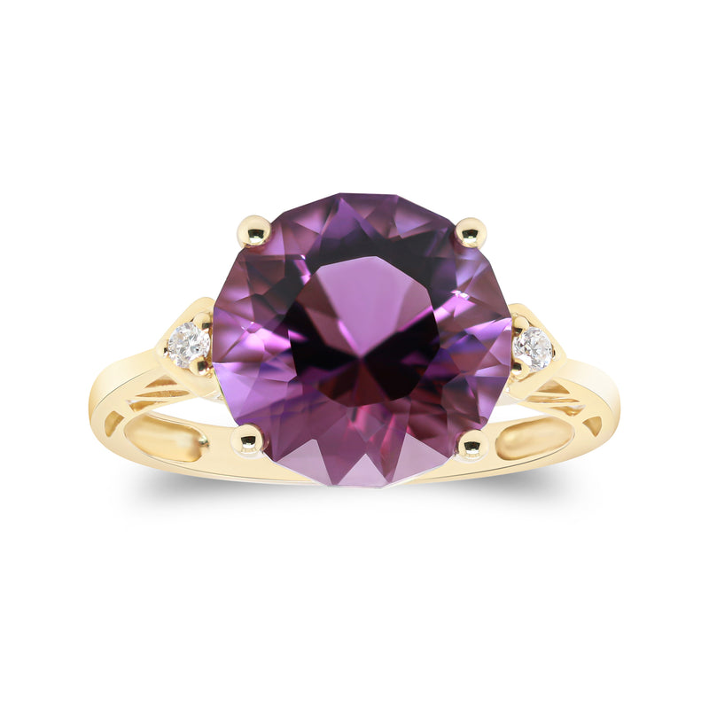 14kt yellow gold ring with octagonal amethyst center and diamond side accents