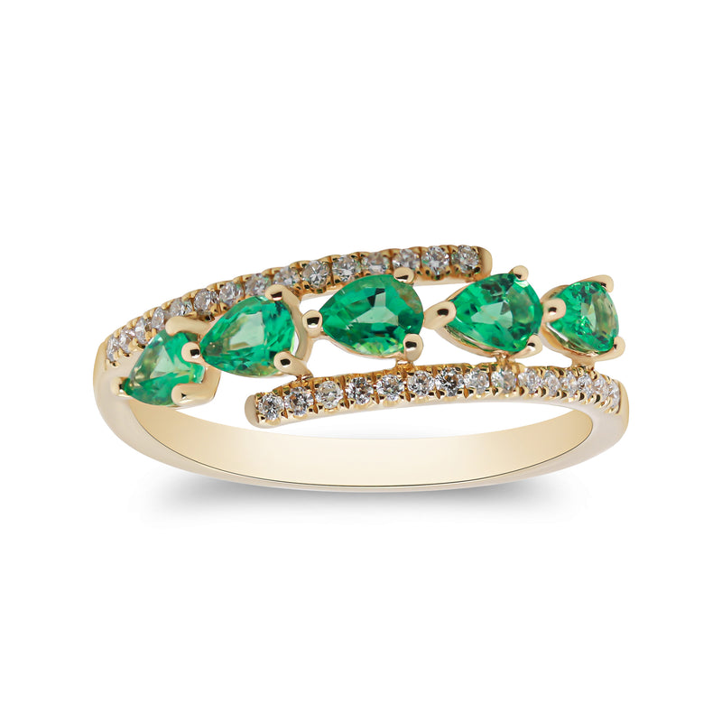 14kt yellow gold emerald and diamond bypass ring with pear-cut stones