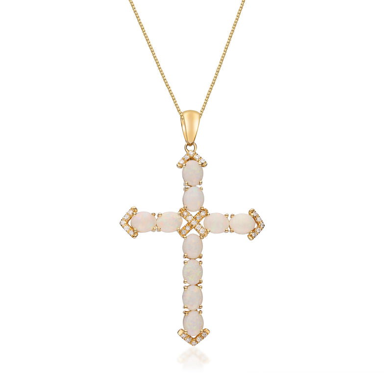 14kt yellow gold cross pendant necklace with opal-like stones and diamond accents