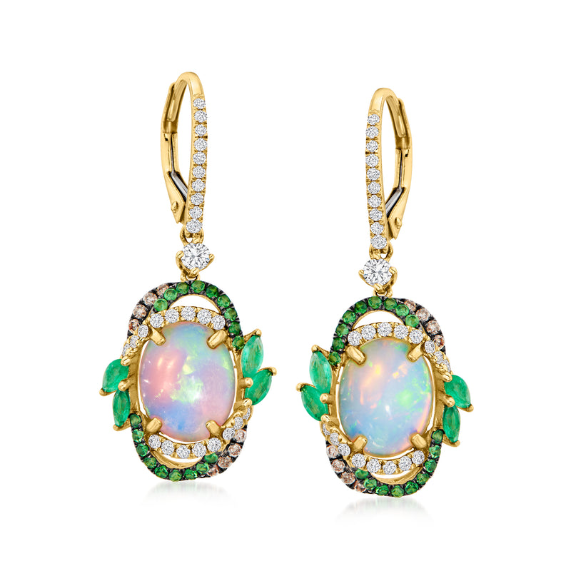14kt yellow gold opal drop earrings with green gemstone halo and diamond accents