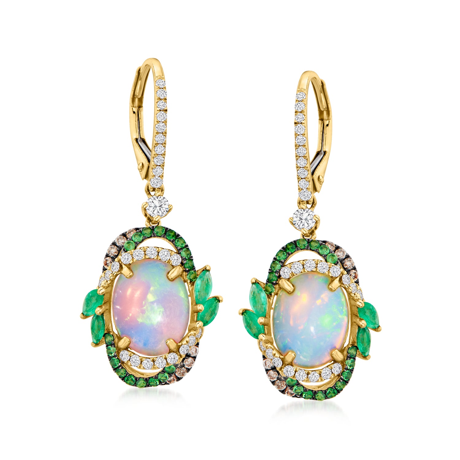 Opal Drop Earrings with .64 ct. t.w. Multicolored Diamonds and .70 ct. t.w. Multi-Gemstones in 14kt Yellow Gold