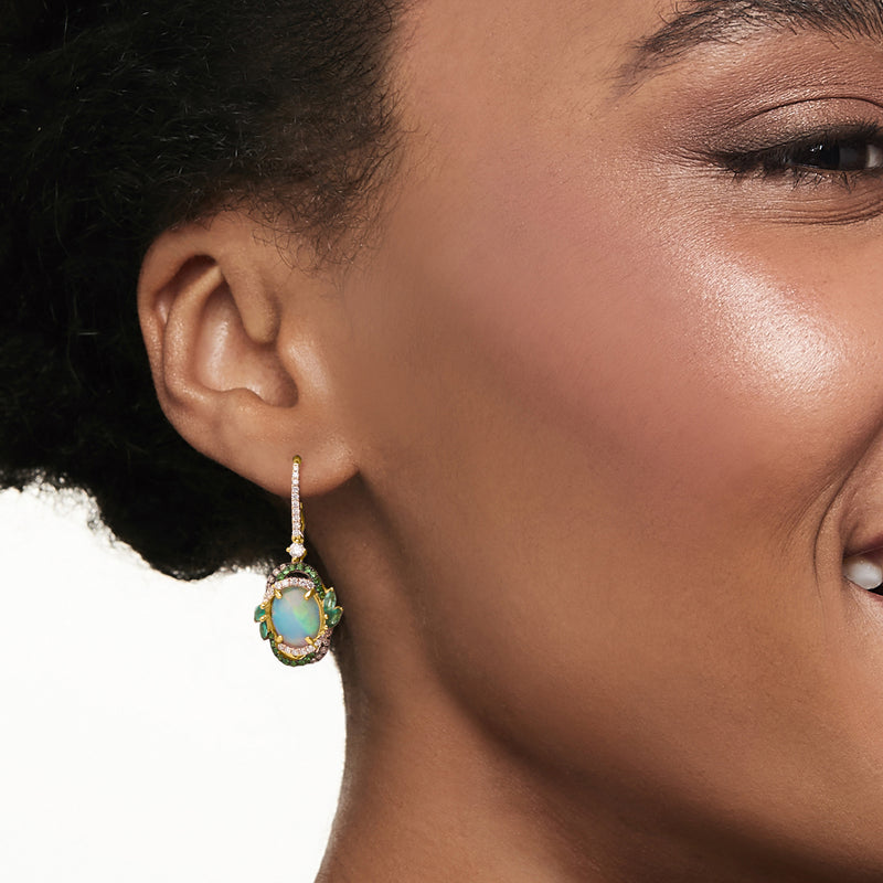 14kt yellow gold leverback drop earrings with opal center and green gemstone accents