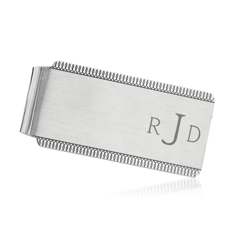 Sterling silver money clip with engraved initials R J D on brushed metal