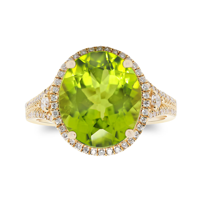 14kt yellow gold peridot oval halo ring with diamond accents