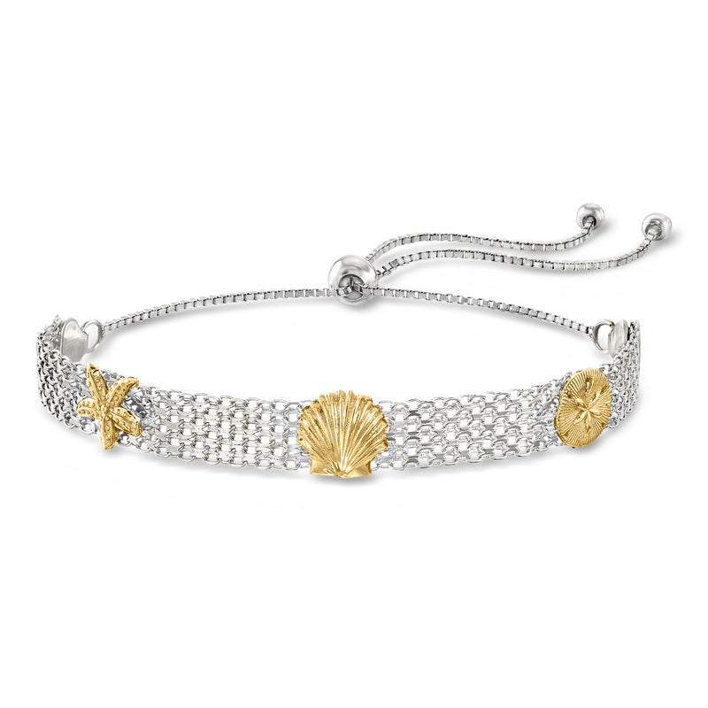 Sterling silver bolo bracelet with sea-shell gold-tone accents and clasp sliders