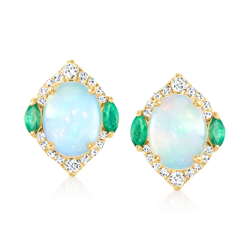 14kt yellow gold opal earrings with diamond halo and emerald side stones, post back