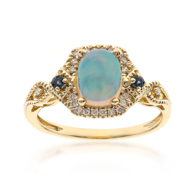 14kt yellow gold ring with oval Ethiopian opal, diamond halo, and sapphire accents