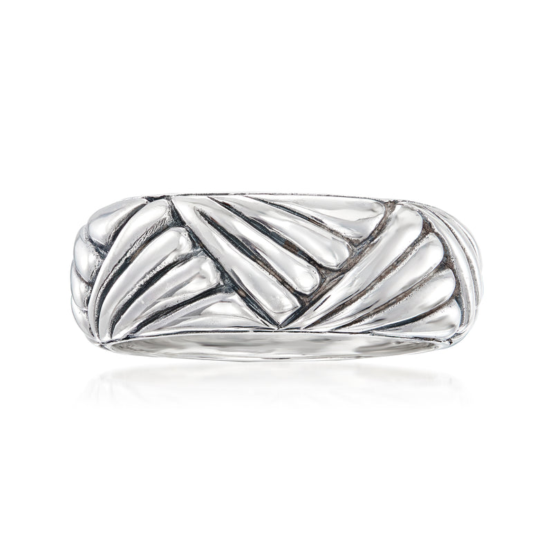 Sterling silver textured fan-style ring with raised diagonal ridges, polished finish
