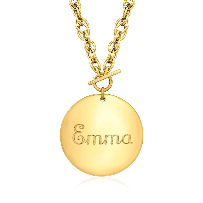 14kt yellow gold disc necklace with engraved 'Emma' and link chain