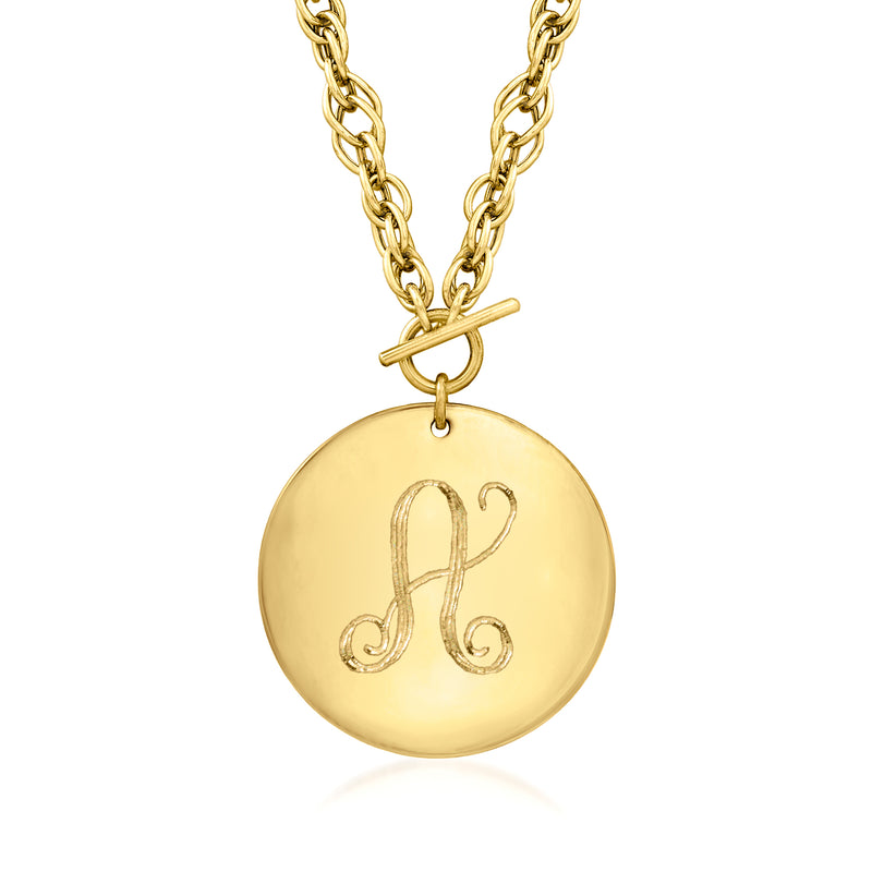 14kt yellow gold round disc pendant with engraved initial and link chain