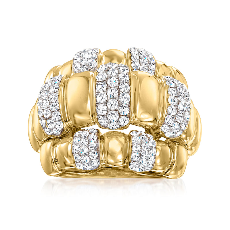 14kt yellow gold pave diamond ring with clustered cushion-cut stones, round bezel settings