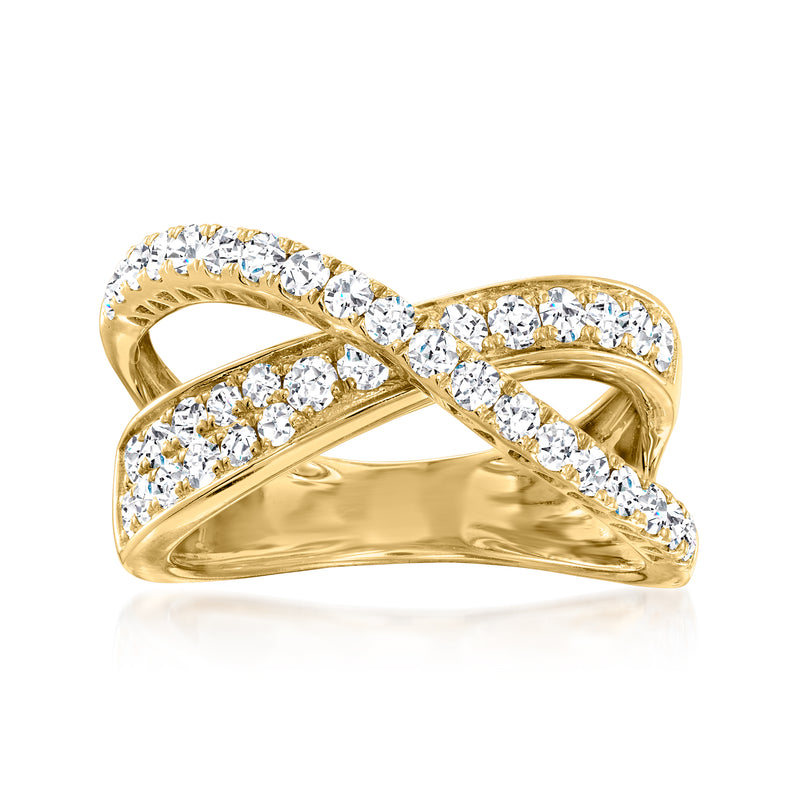 14kt yellow gold diamond crisscross ring with round stones