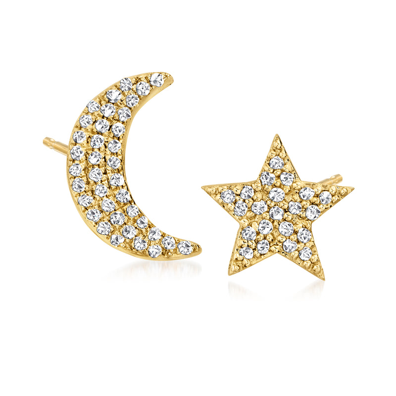 14kt yellow gold stud earrings with diamond crescent moon and star, mismatched pair