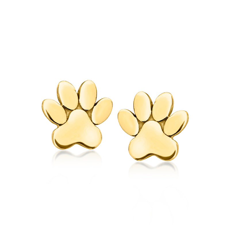 Yellow gold paw print stud earrings with five toe pads