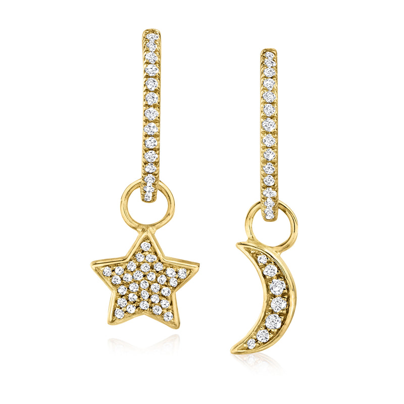 14kt yellow gold diamond star and moon mismatched hoop drop earrings