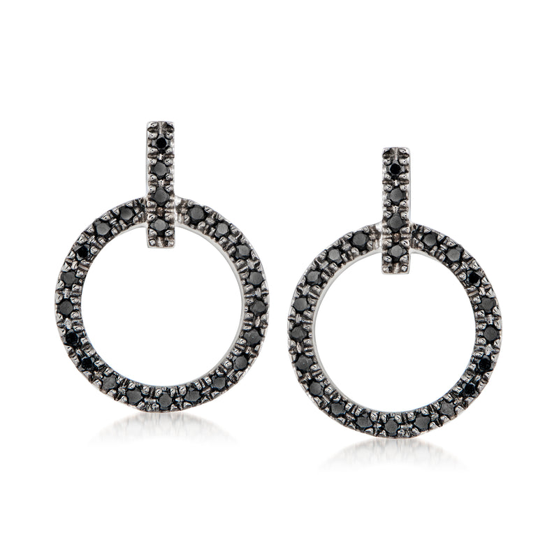 Black diamond circle drop post earrings in 14kt white gold