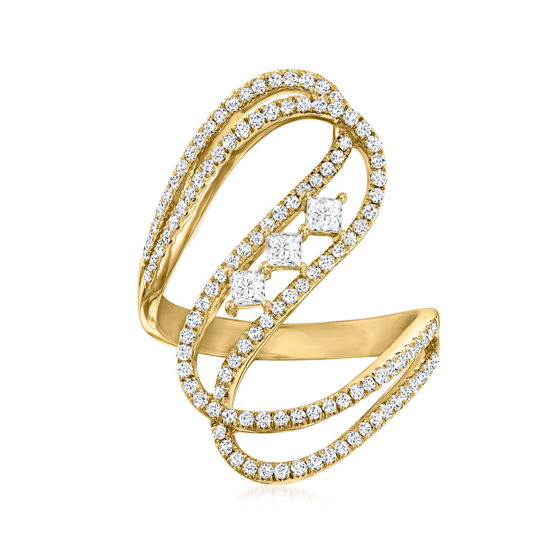 14kt yellow gold diamond openwork swirl ring with round-cut stones, visible top view