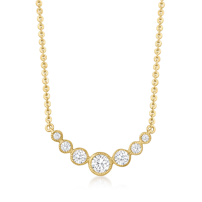 14kt yellow gold graduated bezel diamond necklace with linked round stones