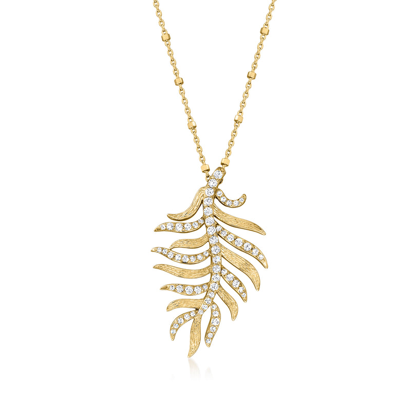 Diamond feather pendant necklace in 14k yellow gold