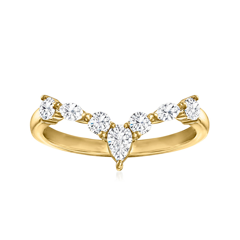 14kt yellow gold diamond V ring with round-cut stones and V-shaped setting