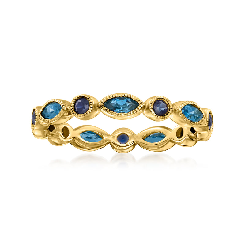 14kt yellow gold geometric eternity band with blue topaz and sapphire accents