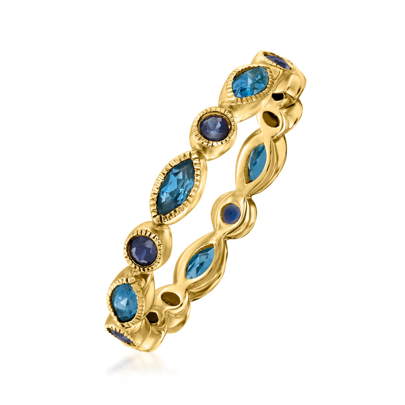 Geometric eternity band in 14kt yellow gold with oval blue topaz and sapphire