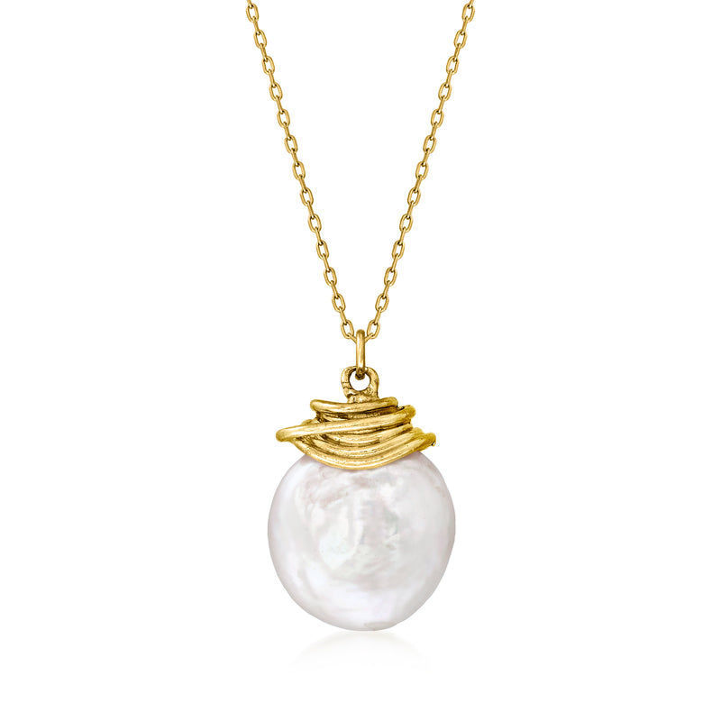 Coin pearl pendant necklace with 18kt gold over sterling chain and triple-gold cap
