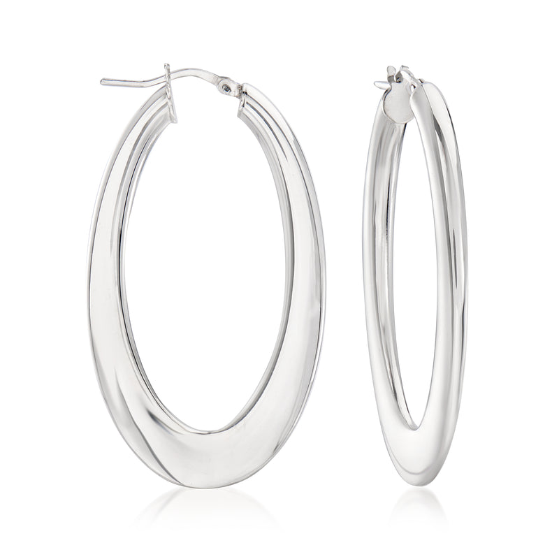 Sterling silver flat oval hoop earrings with hinged clasp
