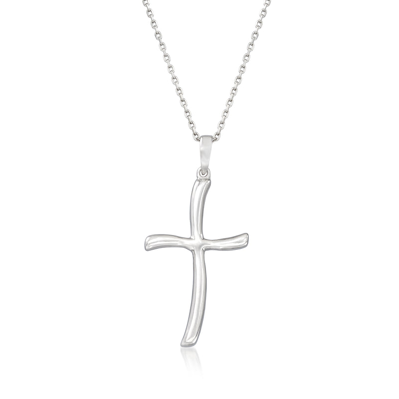 Sterling silver cross pendant necklace with curved glossy finish and link chain