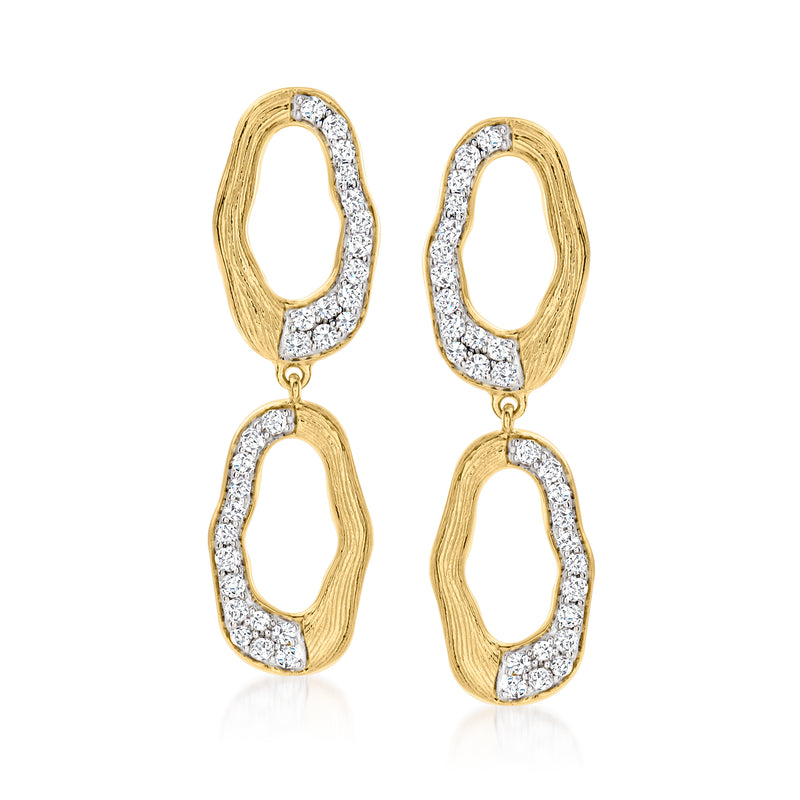 14kt yellow gold pave diamond abstract oval drop earrings, two dangling oval links