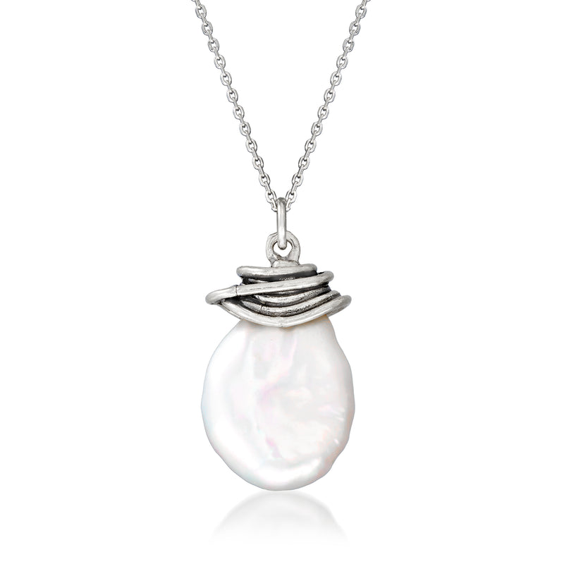 Sterling silver coin pearl necklace with layered beaded pendant, white pearl drop