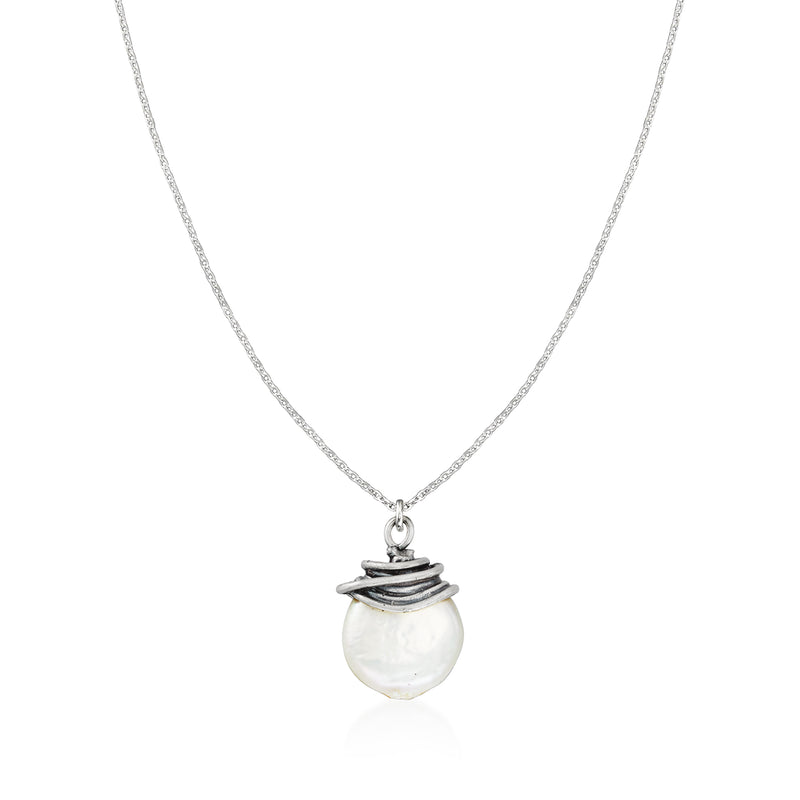 Sterling silver coin pearl pendant necklace on fine chain, white pearl teardrop