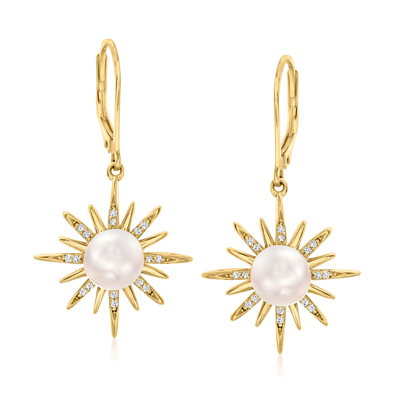 18kt gold leverback star earrings with round cultured pearl and diamond-like accents