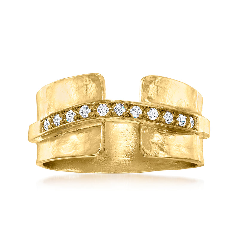 Hammered gold ring with a row of round diamonds across the band.