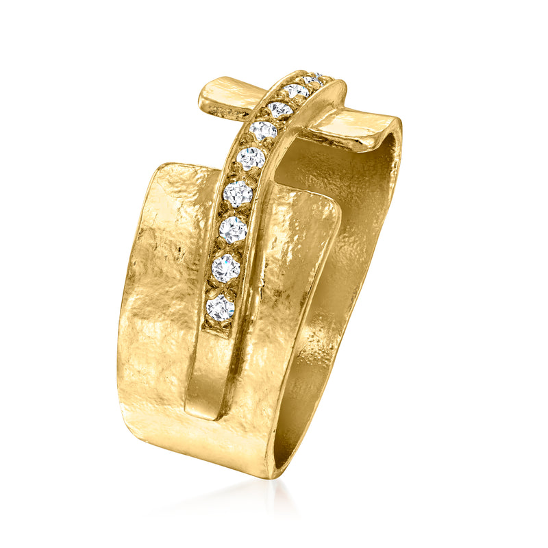 Hammered gold band ring with round diamond accents in a vertical row.