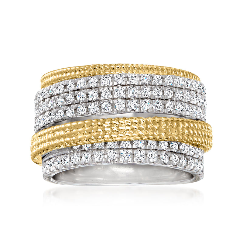 Two-tone sterling silver diamond ring with stacked rows and gold accent bands