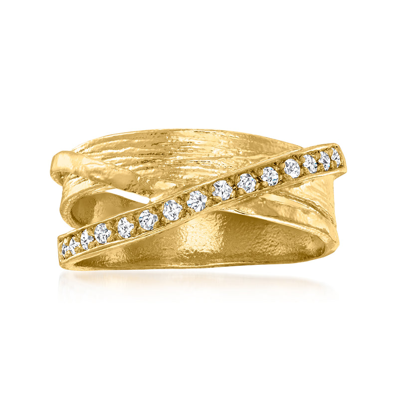 Gold diamond highway ring with channel-set stones across the curved band