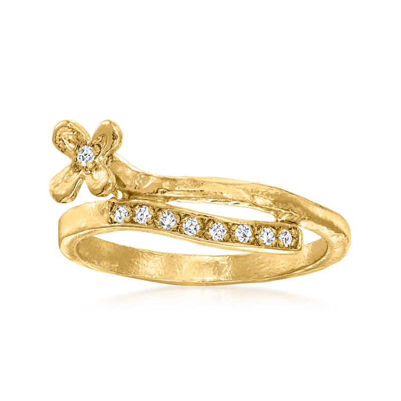 Floral diamond-accented ring with bow motif and row of small clear stones in gold