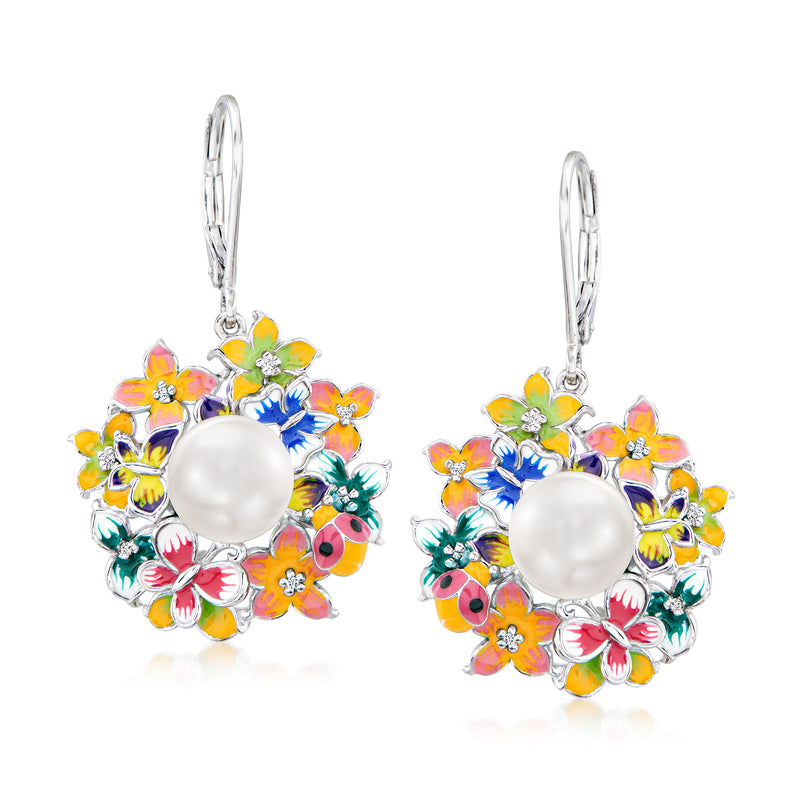 Sterling silver enamel flower drop earrings with white cultured pearl and multicolor petals