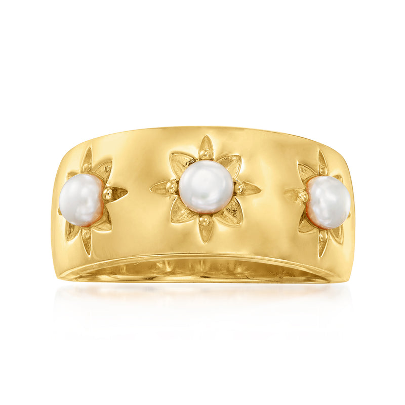 Gold sun ring with three round white cultured pearls on raised flower bezels