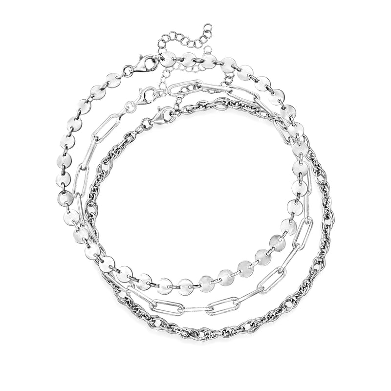 Sterling silver three anklets with round charm and chain link bands