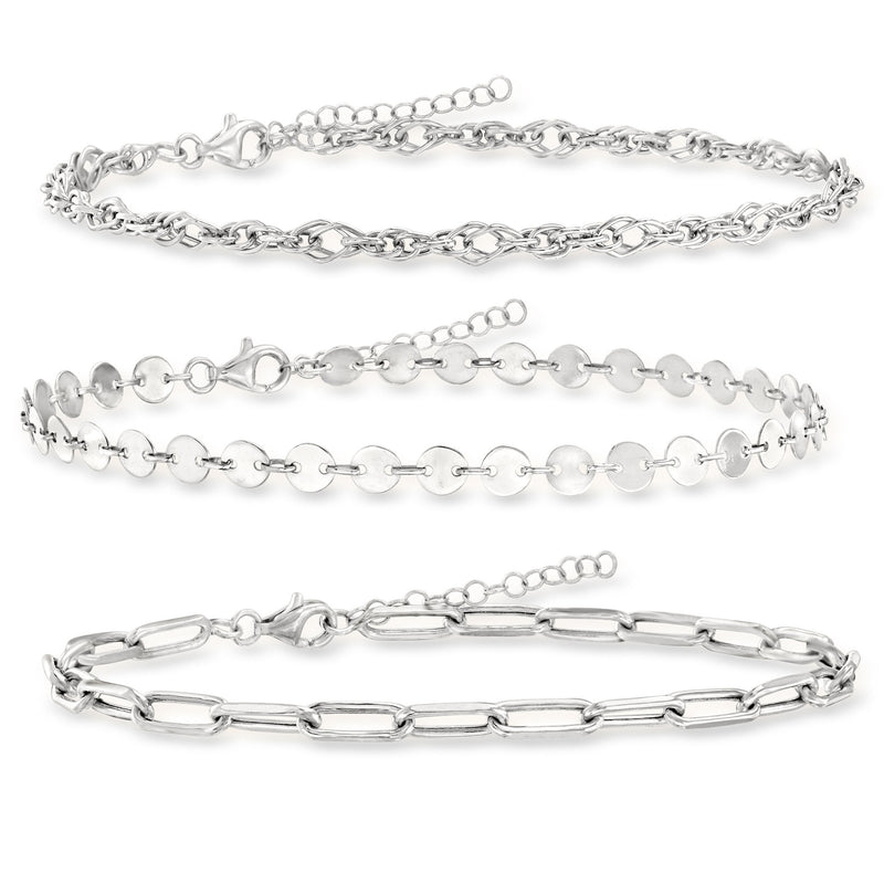 Sterling silver anklet set featuring three chain styles with dangling round charms