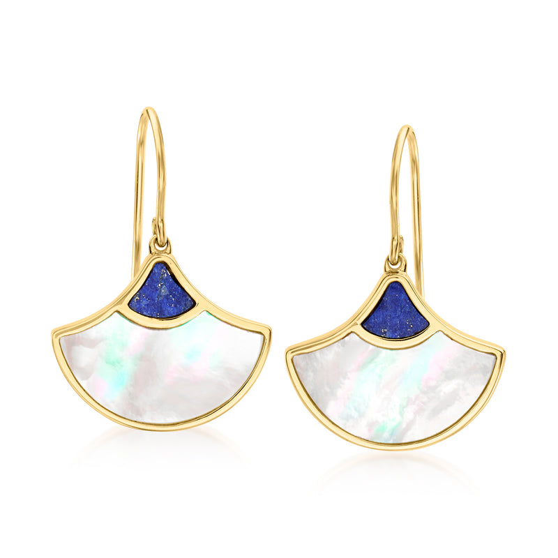 Gold fan drop earrings with white mother-of-pearl and blue lapis center stones
