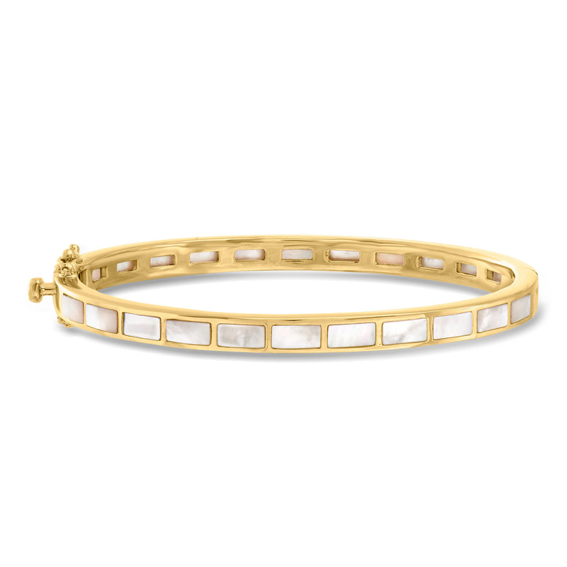 Gold over sterling bangle bracelet with mother-of-pearl square insets and clasp