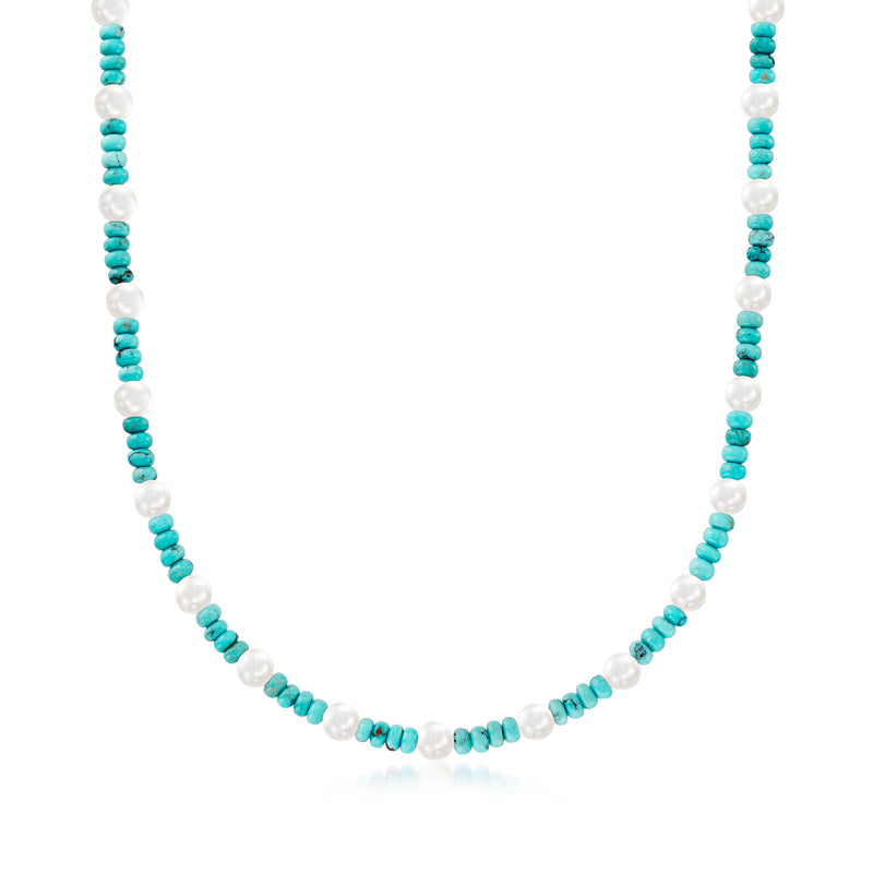Turquoise bead and 6-6.5mm cultured pearl necklace with sterling silver accents