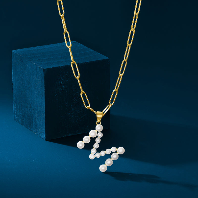 Gold paper-clip link necklace with cultured pearl initial pendant and layered white pearl drops