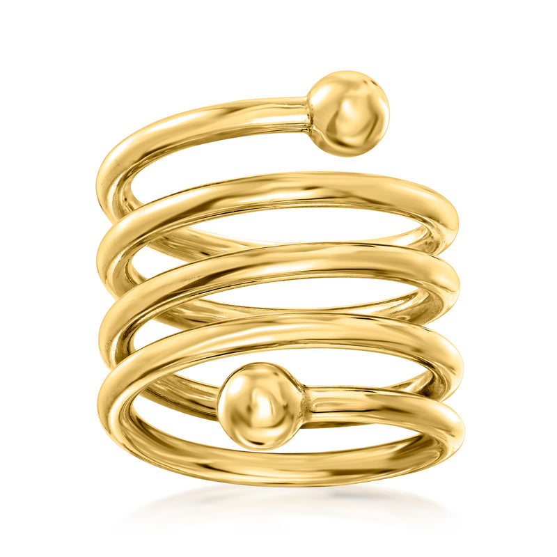 Gold coil bypass ring with rounded ball ends, spiral open design