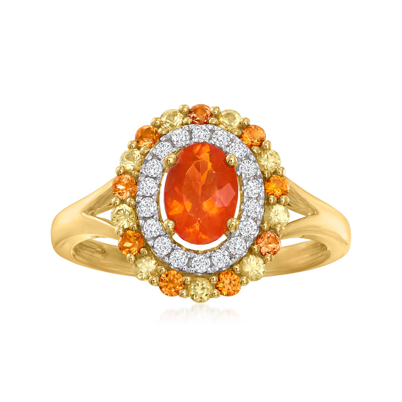 14kt yellow gold ring with oval orange fire opal center, halo of multicolor sapphires, diamonds